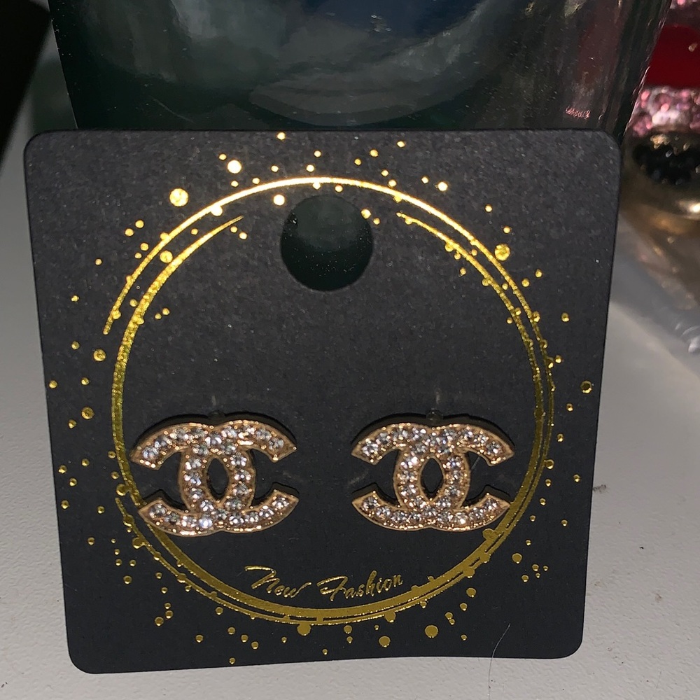 Gold Crystal Double-C Stud Earrings